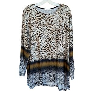 Jess‎ & Jane 1X Women's Leopard Safari Print Long Sleeve Tunic Top Made in USA